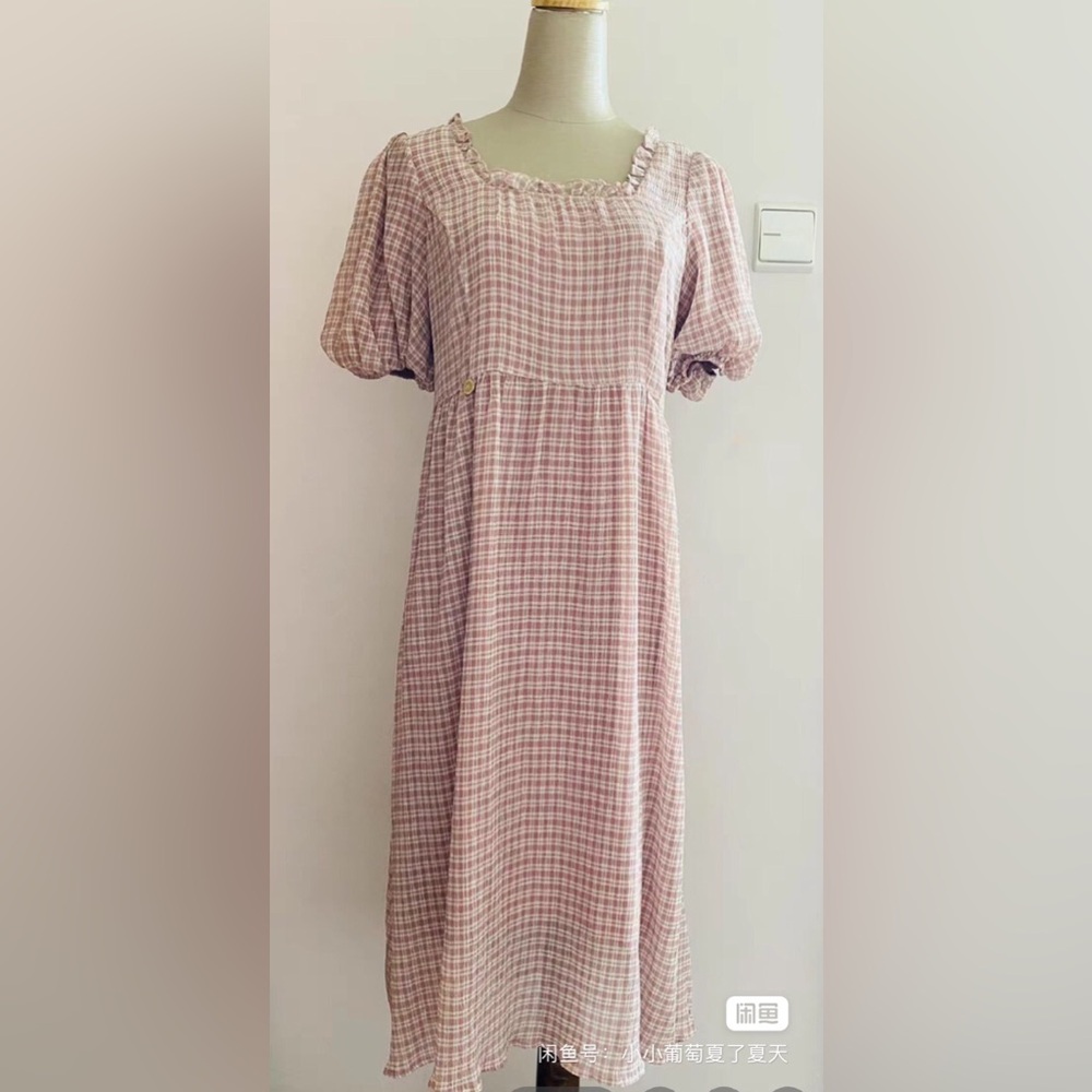Women's Pink Plaid Puff-Sleeve Midi Dress